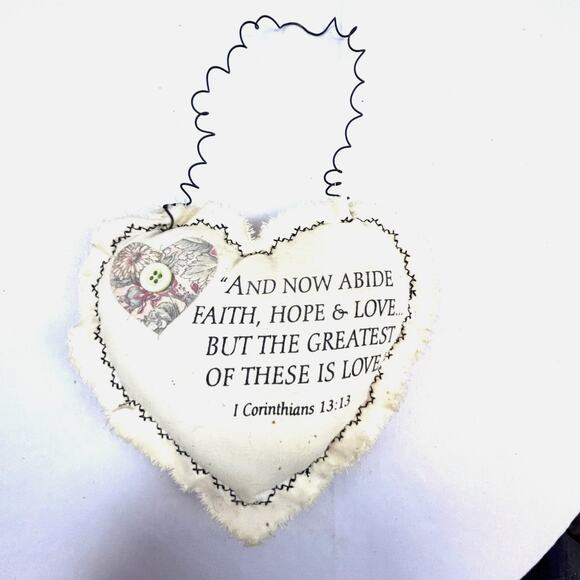 Cloth Heart with Wire hanger I Corinthians 13:13 faith hope & Love handmade - Picture 1 of 5